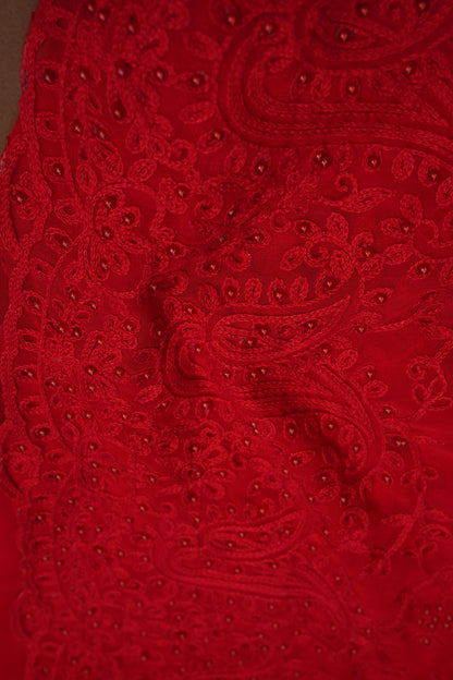 Party Wear Georgette Saree with Tone-on-Tone Embroidery - Scarlet Red
