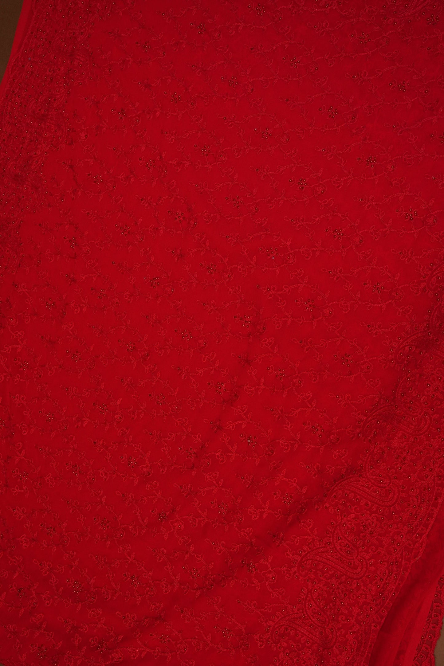 Party Wear Georgette Saree with Tone-on-Tone Embroidery - Scarlet Red