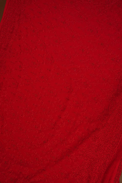 Party Wear Georgette Saree with Tone-on-Tone Embroidery - Scarlet Red