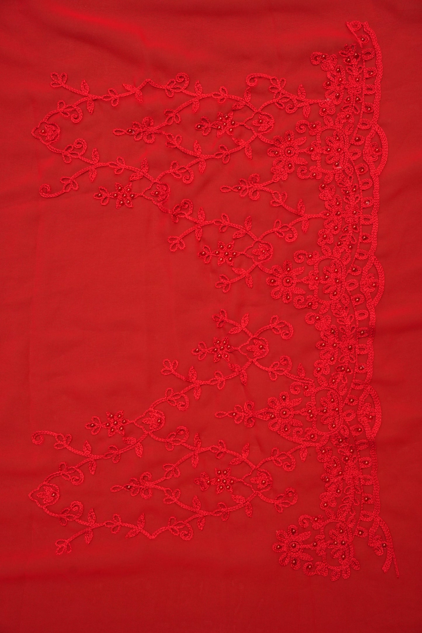 Party Wear Georgette Saree with Tone-on-Tone Embroidery - Scarlet Red