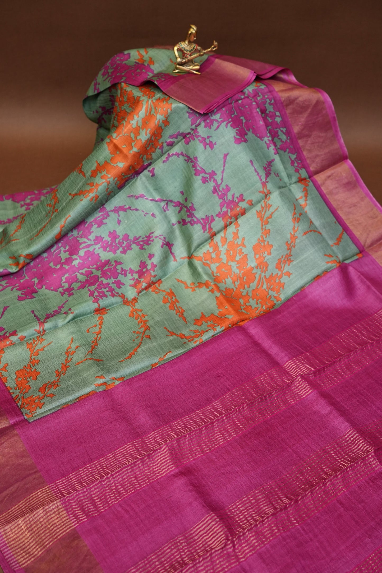 Floral Printed Pure Tussar Silk Saree-Teal Green|Silk Mark Certificate