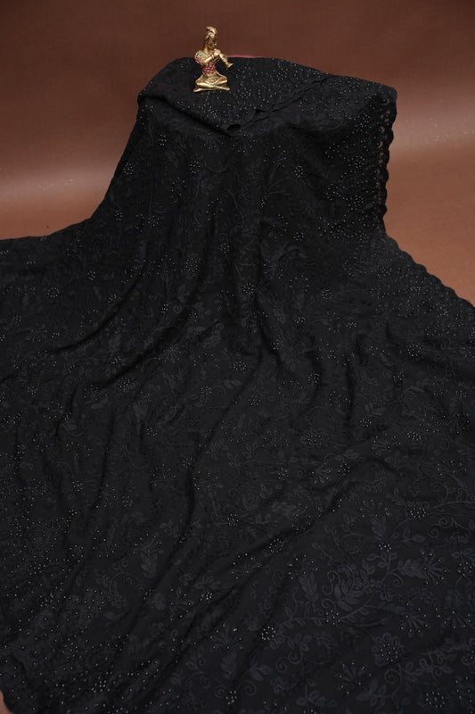 Party Wear Georgette Saree with Self-Tone Embroidery - Black