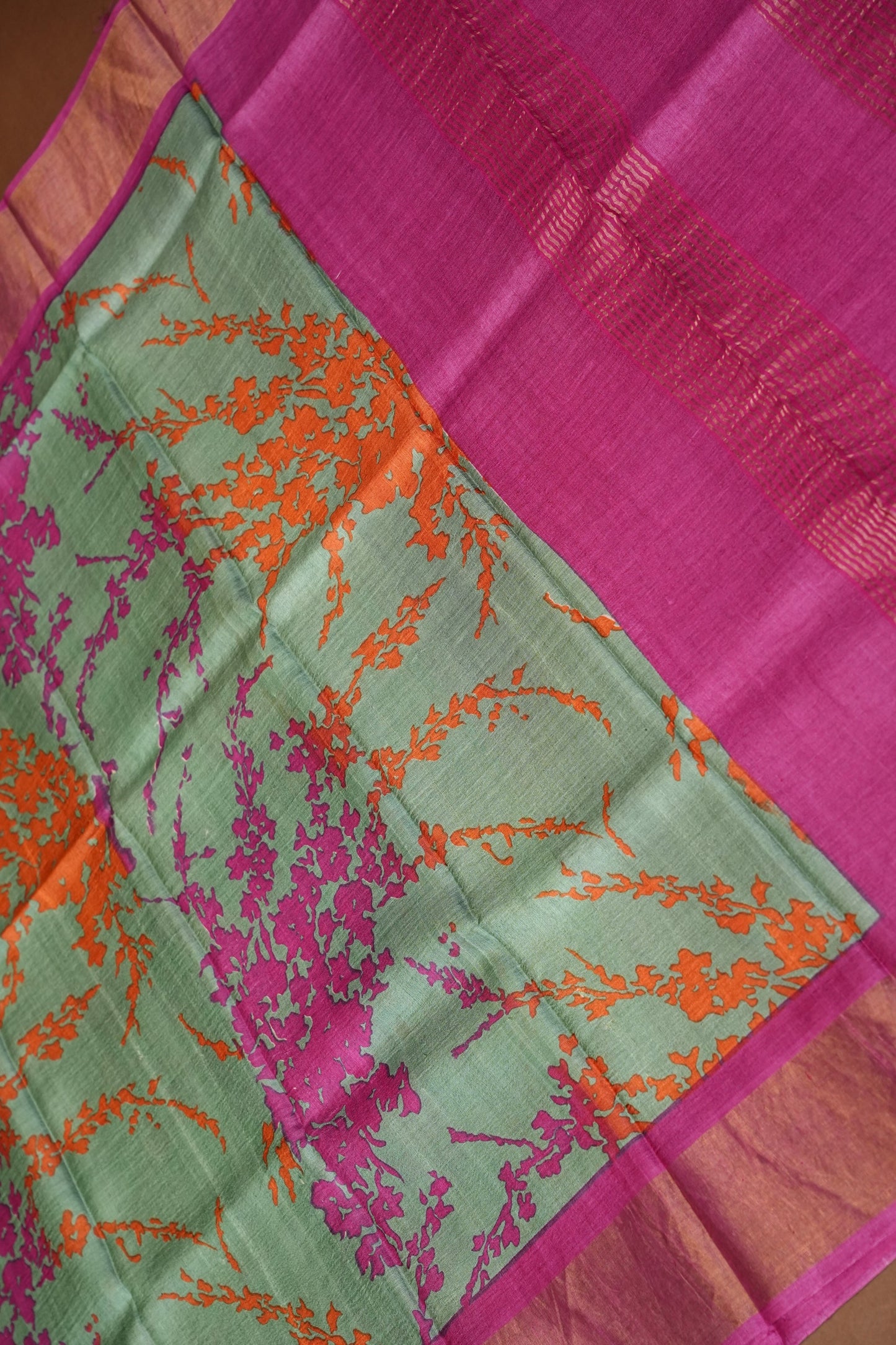 Floral Printed Pure Tussar Silk Saree-Teal Green|Silk Mark Certificate