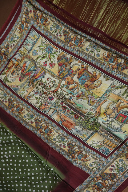 Pure Gajji Silk Saree in Sage Green with Bandhej Pallu & Royal Elephant Digital Print