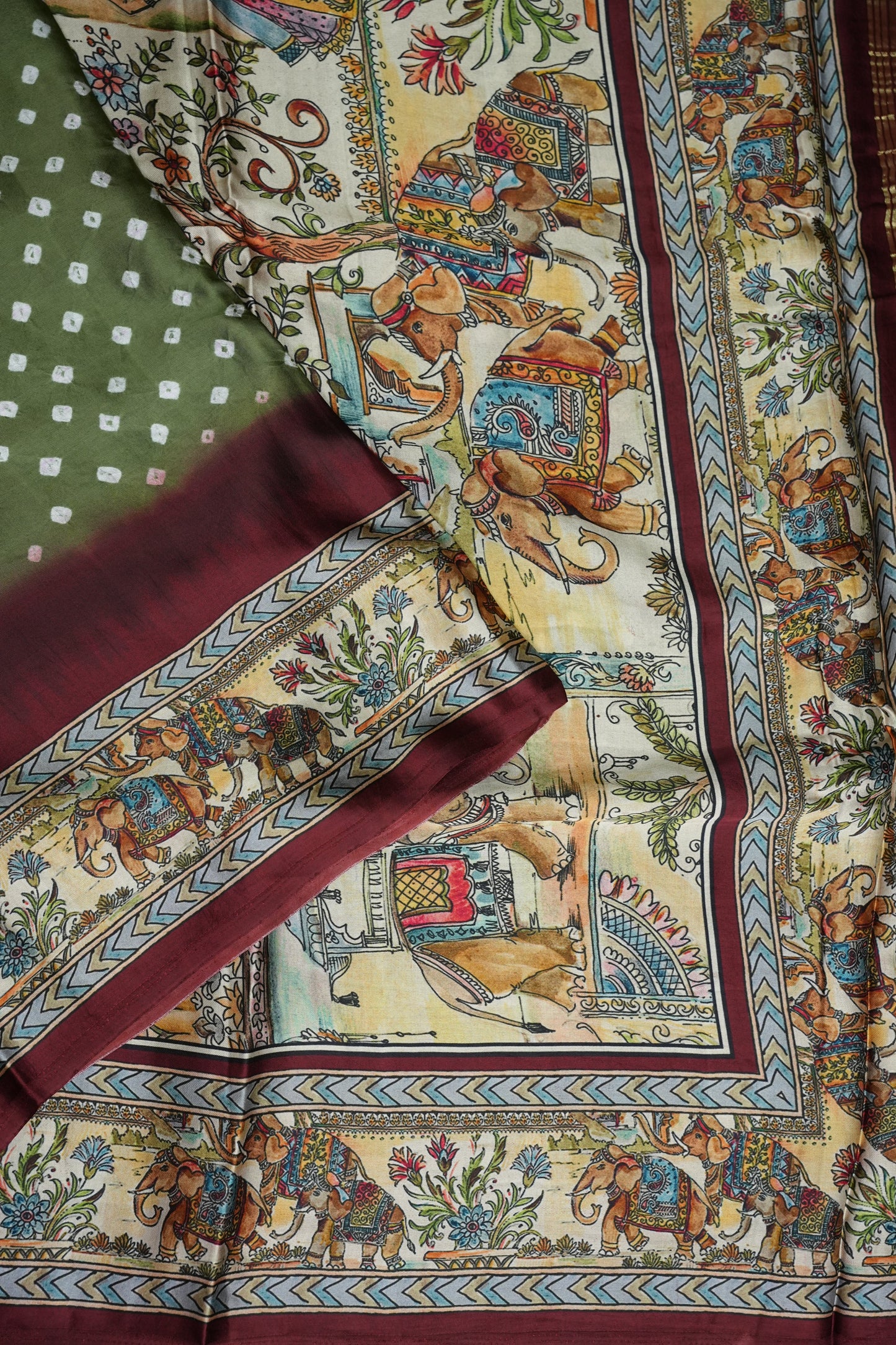 Pure Gajji Silk Saree in Sage Green with Bandhej Pallu & Royal Elephant Digital Print