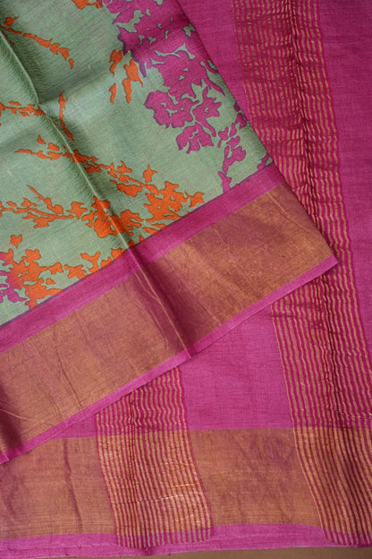 Floral Printed Pure Tussar Silk Saree-Teal Green|Silk Mark Certificate
