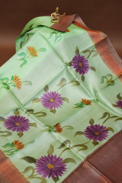 Floral Printed Pure Tussar Silk Saree-Pistachio|Silk Mark Certificate