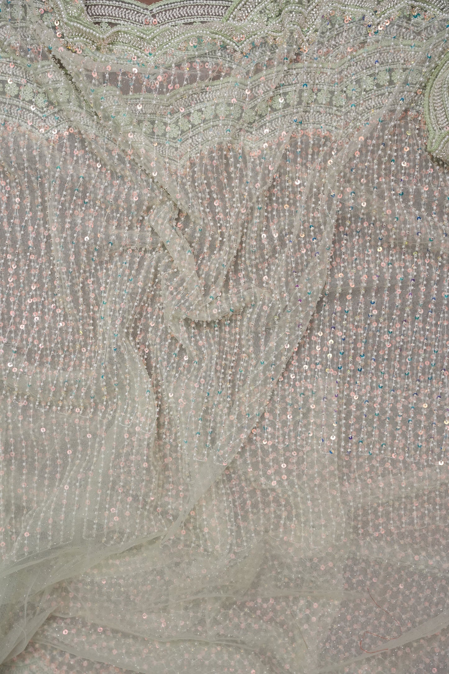 Party Wear Saree with All-Over Bead & Sequin Embellishments - Pastel Green