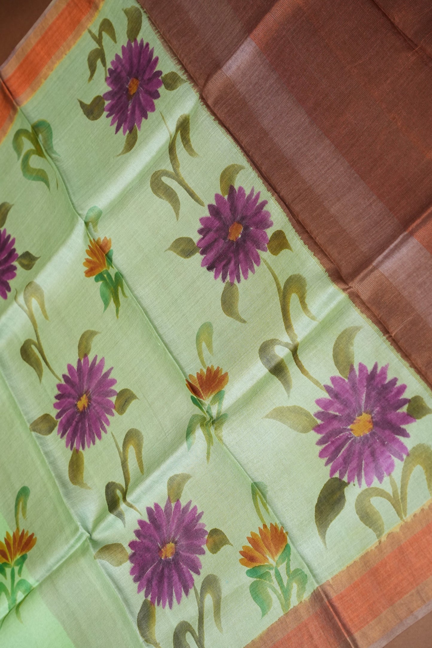 Floral Printed Pure Tussar Silk Saree-Pistachio|Silk Mark Certificate