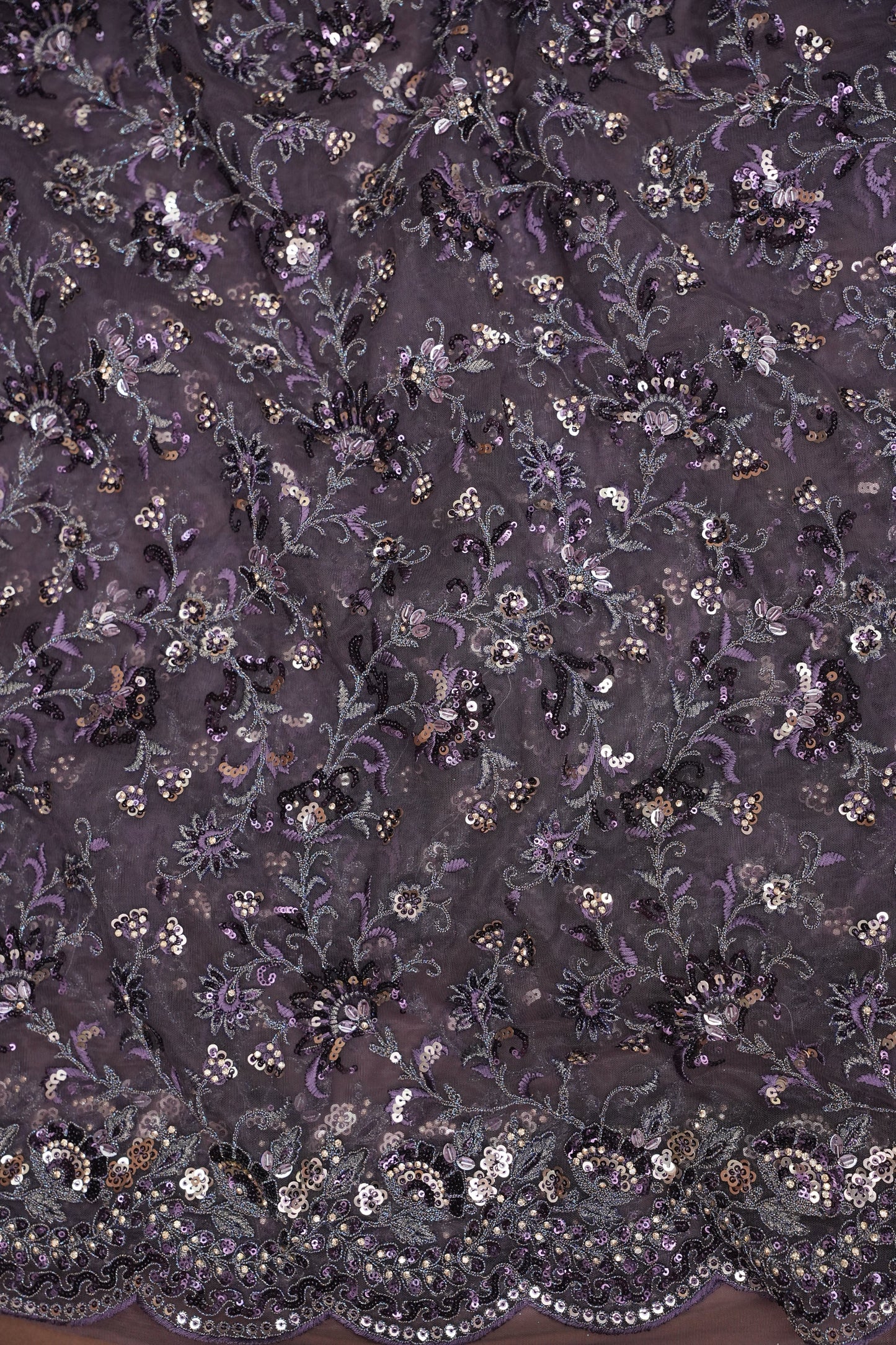 Party Wear Net Saree with Multi-Tone Sequin Embroidery - Purple Grey