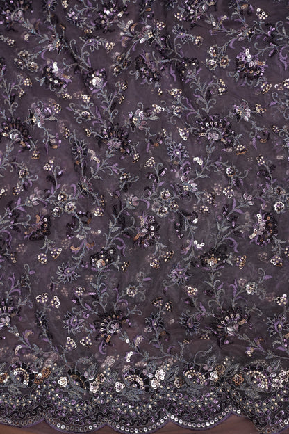 Party Wear Net Saree with Multi-Tone Sequin Embroidery - Purple Grey