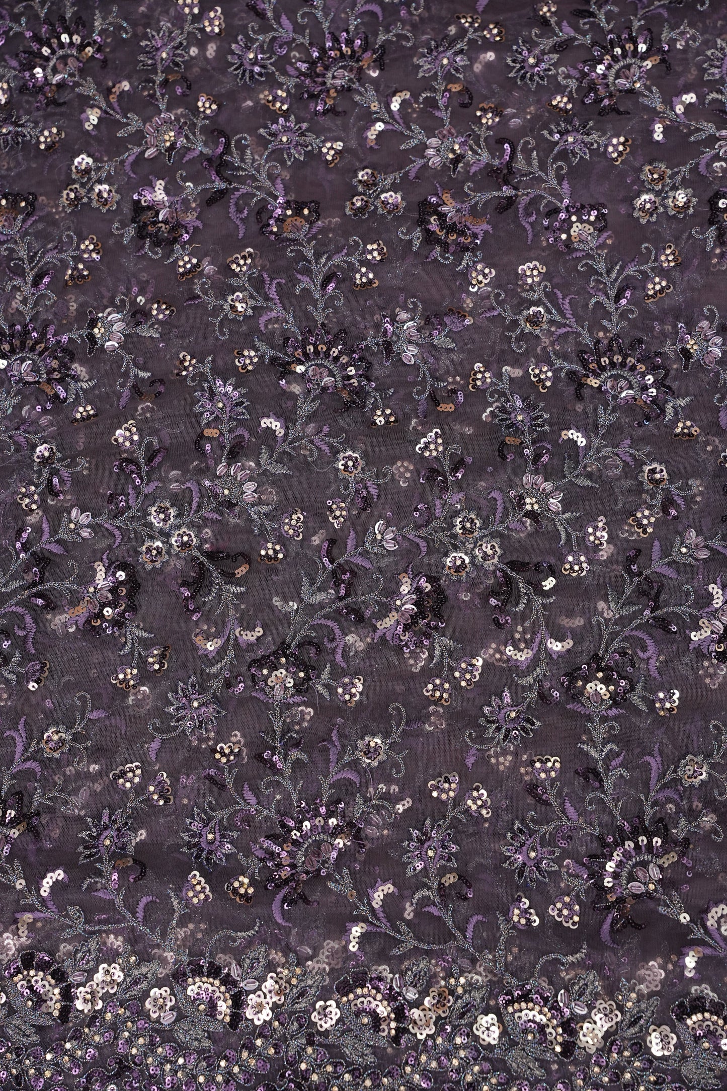 Party Wear Net Saree with Multi-Tone Sequin Embroidery - Purple Grey