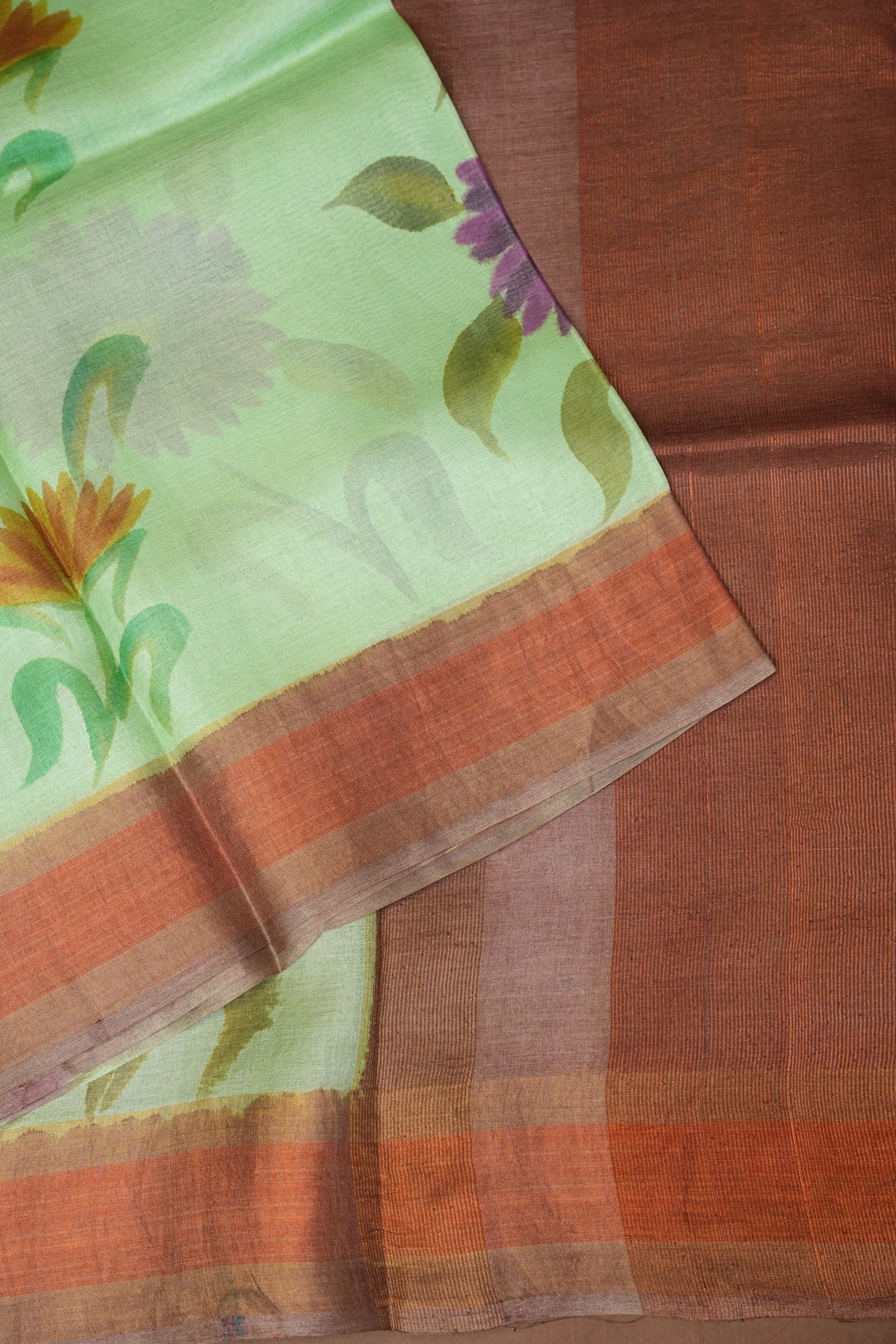 Floral Printed Pure Tussar Silk Saree-Pistachio|Silk Mark Certificate