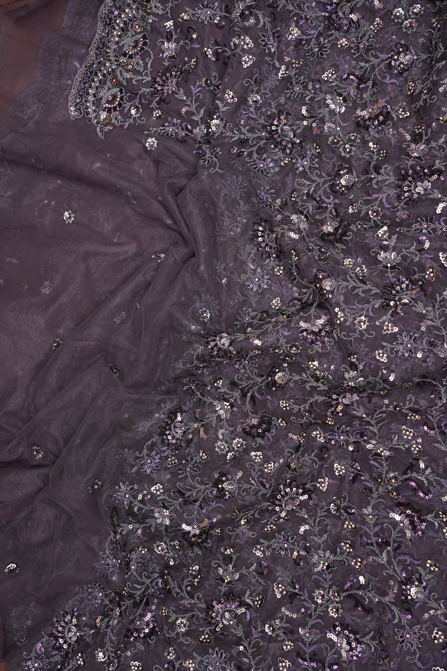 Party Wear Net Saree with Multi-Tone Sequin Embroidery - Purple Grey