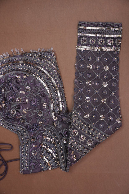 Party Wear Net Saree with Multi-Tone Sequin Embroidery - Purple Grey