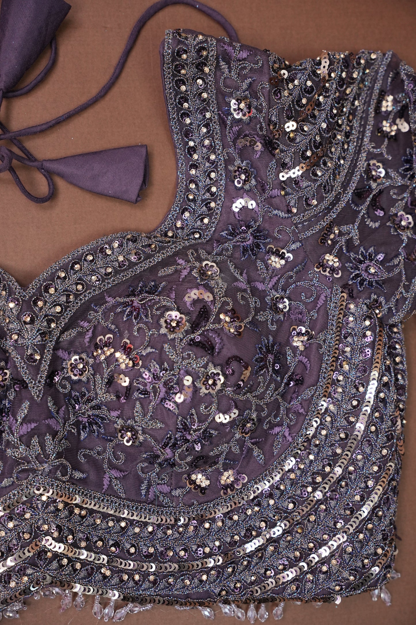 Party Wear Net Saree with Multi-Tone Sequin Embroidery - Purple Grey