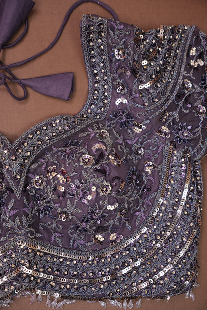 Party Wear Net Saree with Multi-Tone Sequin Embroidery - Purple Grey