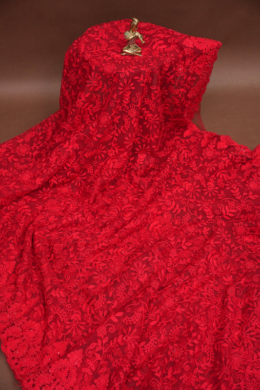 Party Wear Netted Saree with Self-Tone Floral Embroidery - Scarlet Red