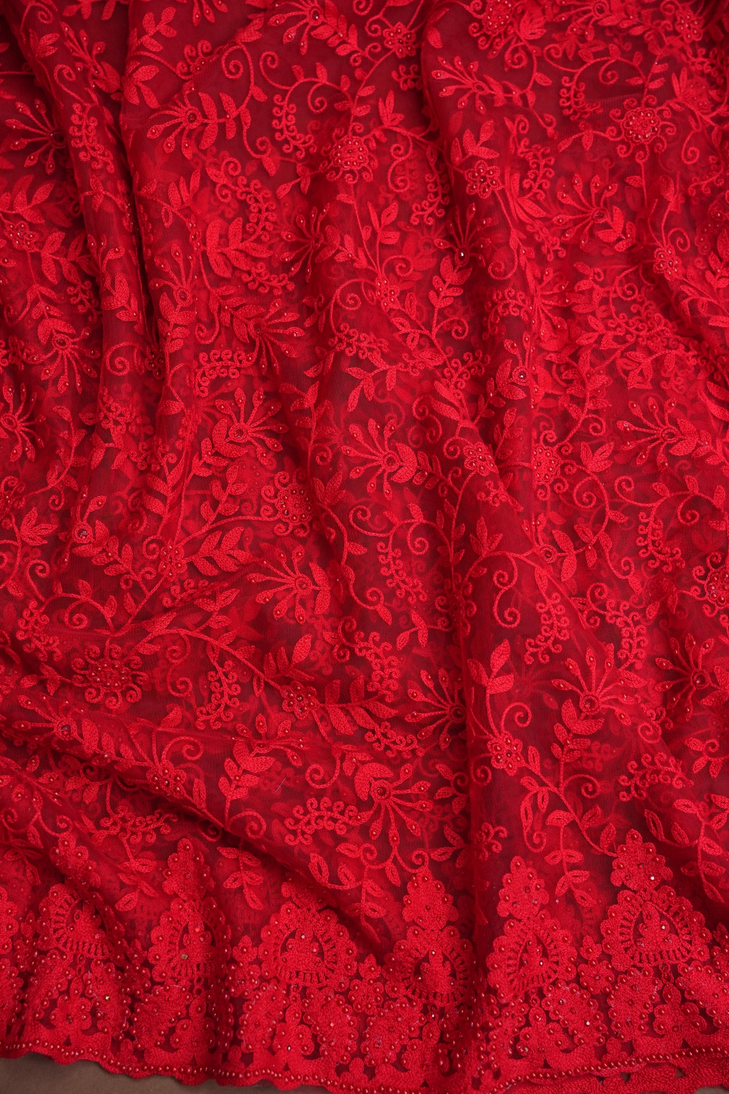 Party Wear Netted Saree with Self-Tone Floral Embroidery - Scarlet Red
