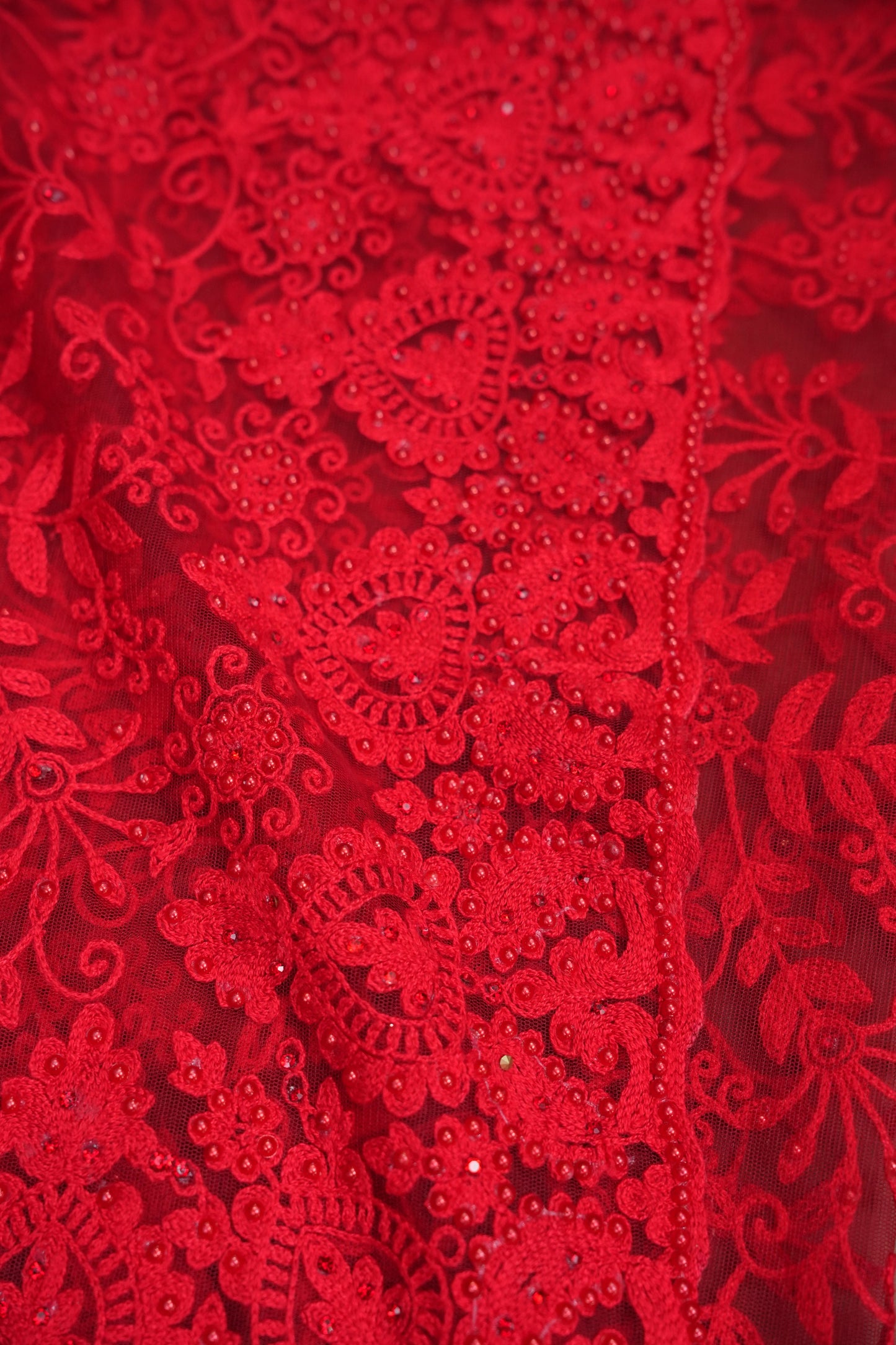 Party Wear Netted Saree with Self-Tone Floral Embroidery - Scarlet Red