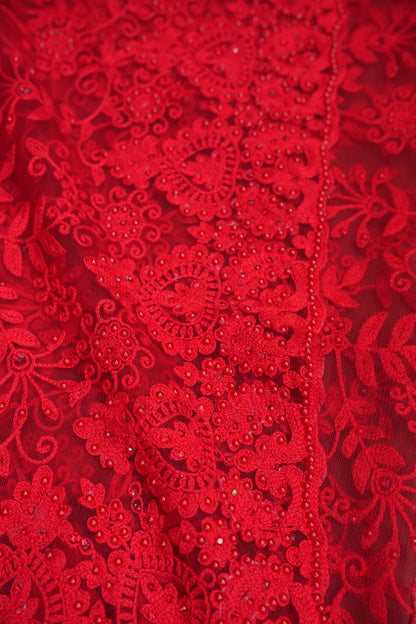 Party Wear Netted Saree with Self-Tone Floral Embroidery - Scarlet Red