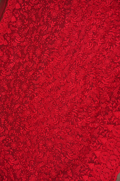 Party Wear Netted Saree with Self-Tone Floral Embroidery - Scarlet Red