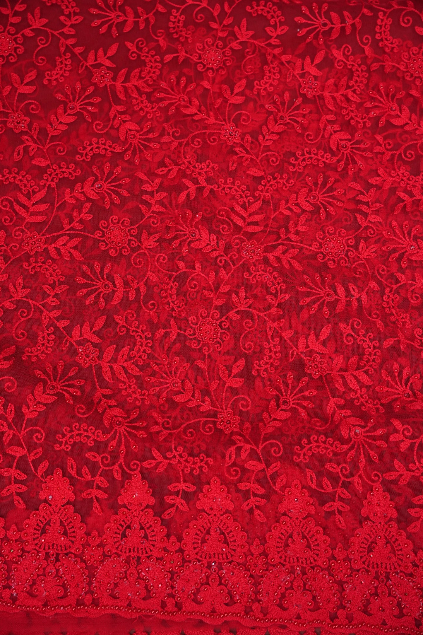 Party Wear Netted Saree with Self-Tone Floral Embroidery - Scarlet Red