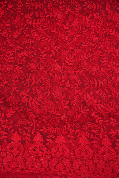 Party Wear Netted Saree with Self-Tone Floral Embroidery - Scarlet Red