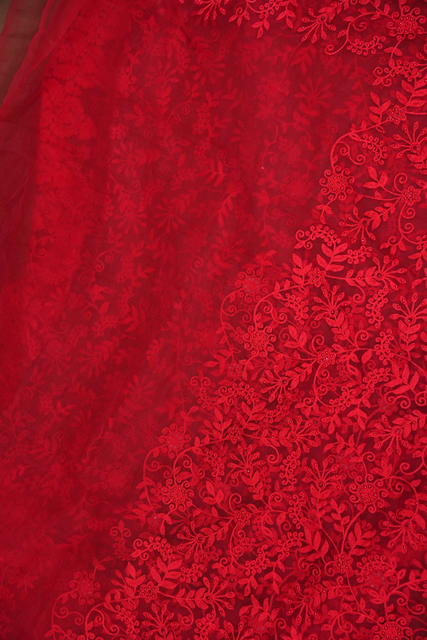 Party Wear Netted Saree with Self-Tone Floral Embroidery - Scarlet Red