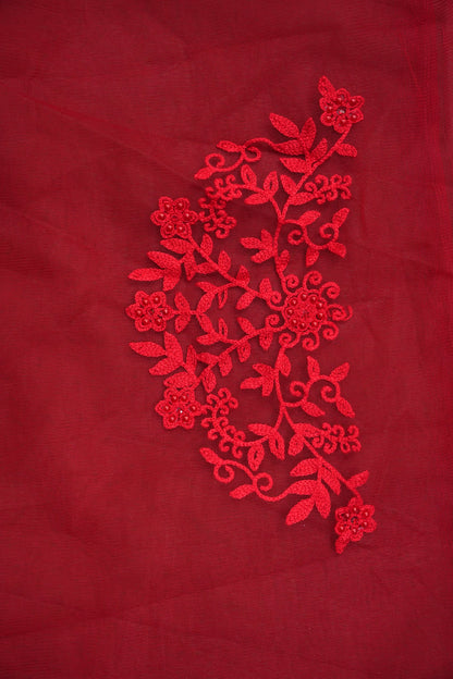 Party Wear Netted Saree with Self-Tone Floral Embroidery - Scarlet Red