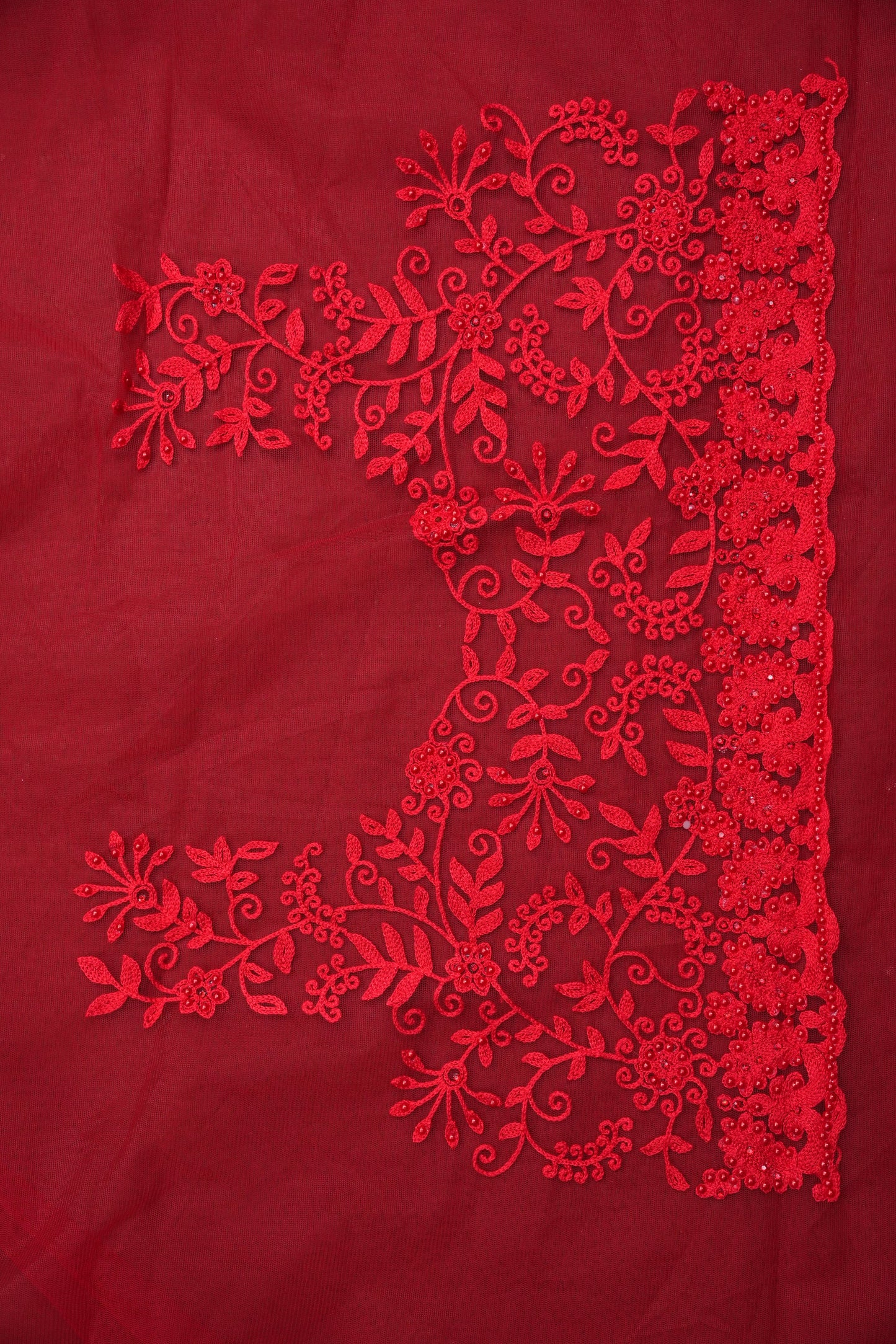 Party Wear Netted Saree with Self-Tone Floral Embroidery - Scarlet Red