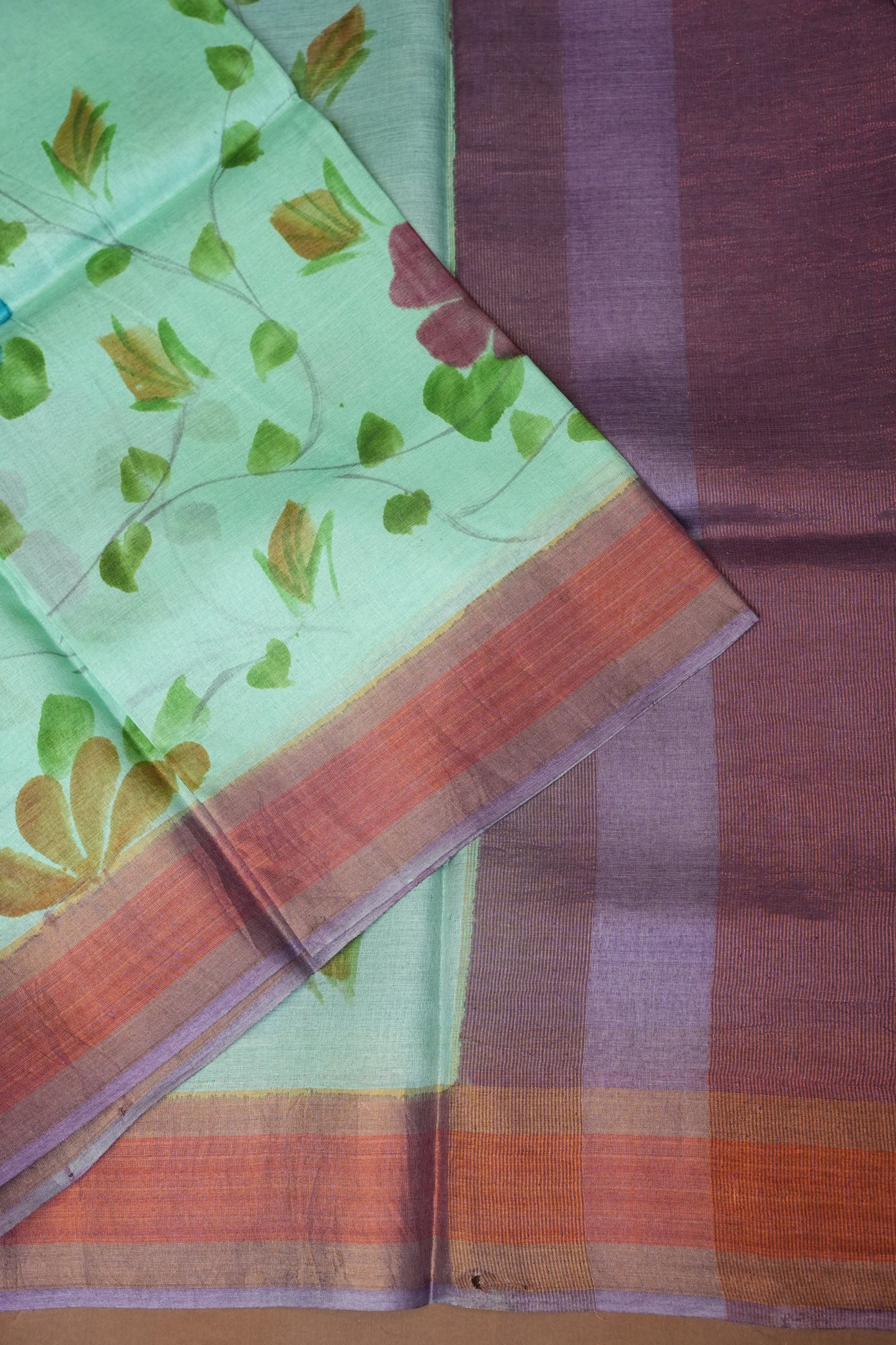 Floral Printed Pure Tussar Silk Saree-Sea Green|Silk Mark Certificate