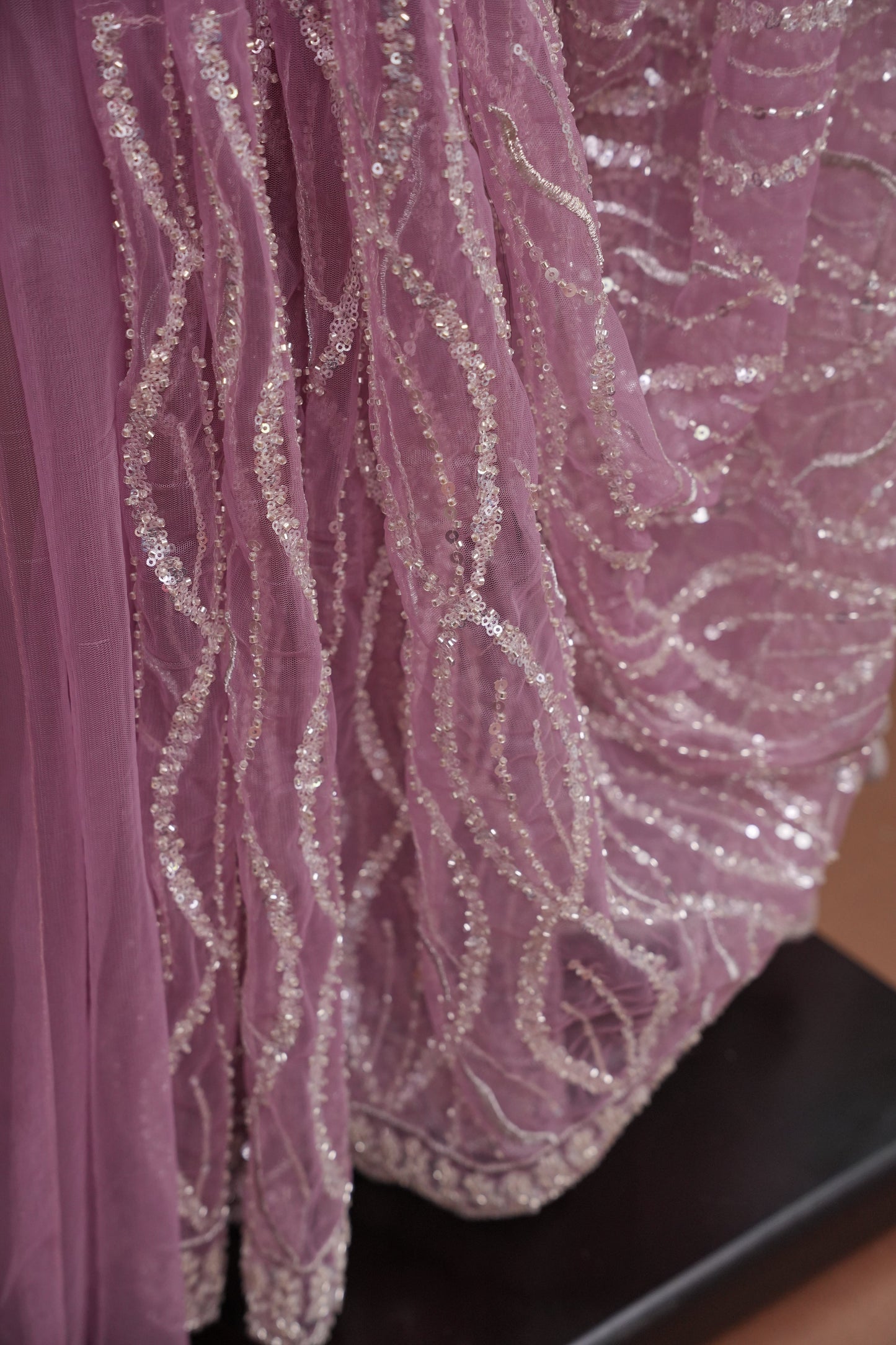 Party Wear Saree with Silver Bead & Sequin Embroidery - Blush Pink
