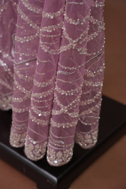 Party Wear Saree with Silver Bead & Sequin Embroidery - Blush Pink