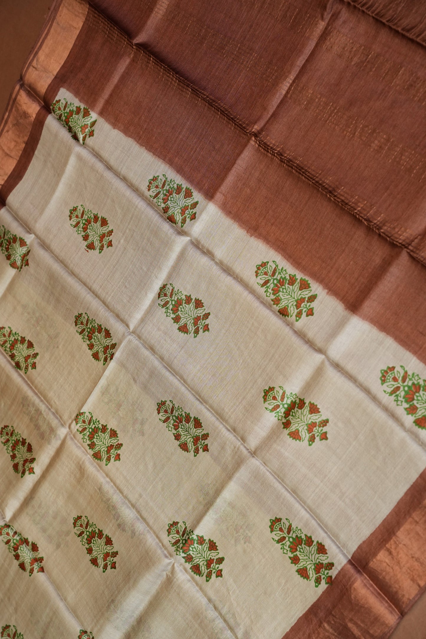 Floral Printed Pure Tussar Silk Saree-Half white|Silk Mark Certificate