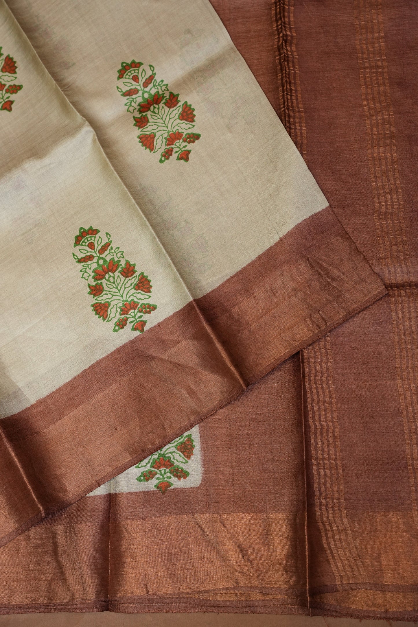 Floral Printed Pure Tussar Silk Saree-Half white|Silk Mark Certificate