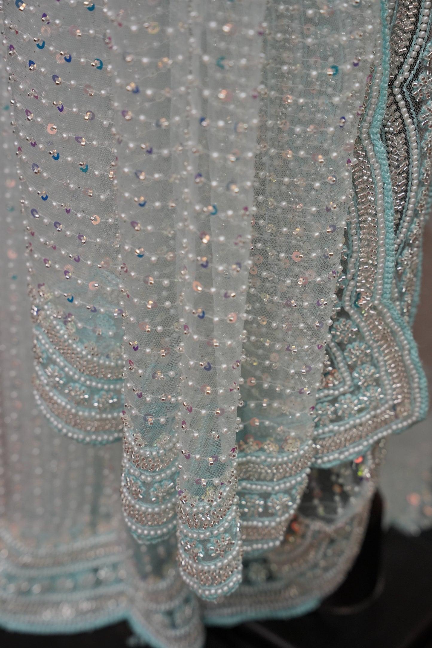 Party Wear Saree with All-Over Bead & Sequin Embellishments - Ice Blue