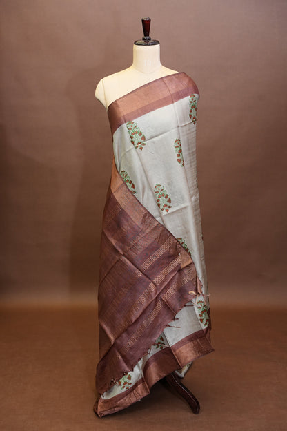 Floral Printed Pure Tussar Silk Saree-Half white|Silk Mark Certificate