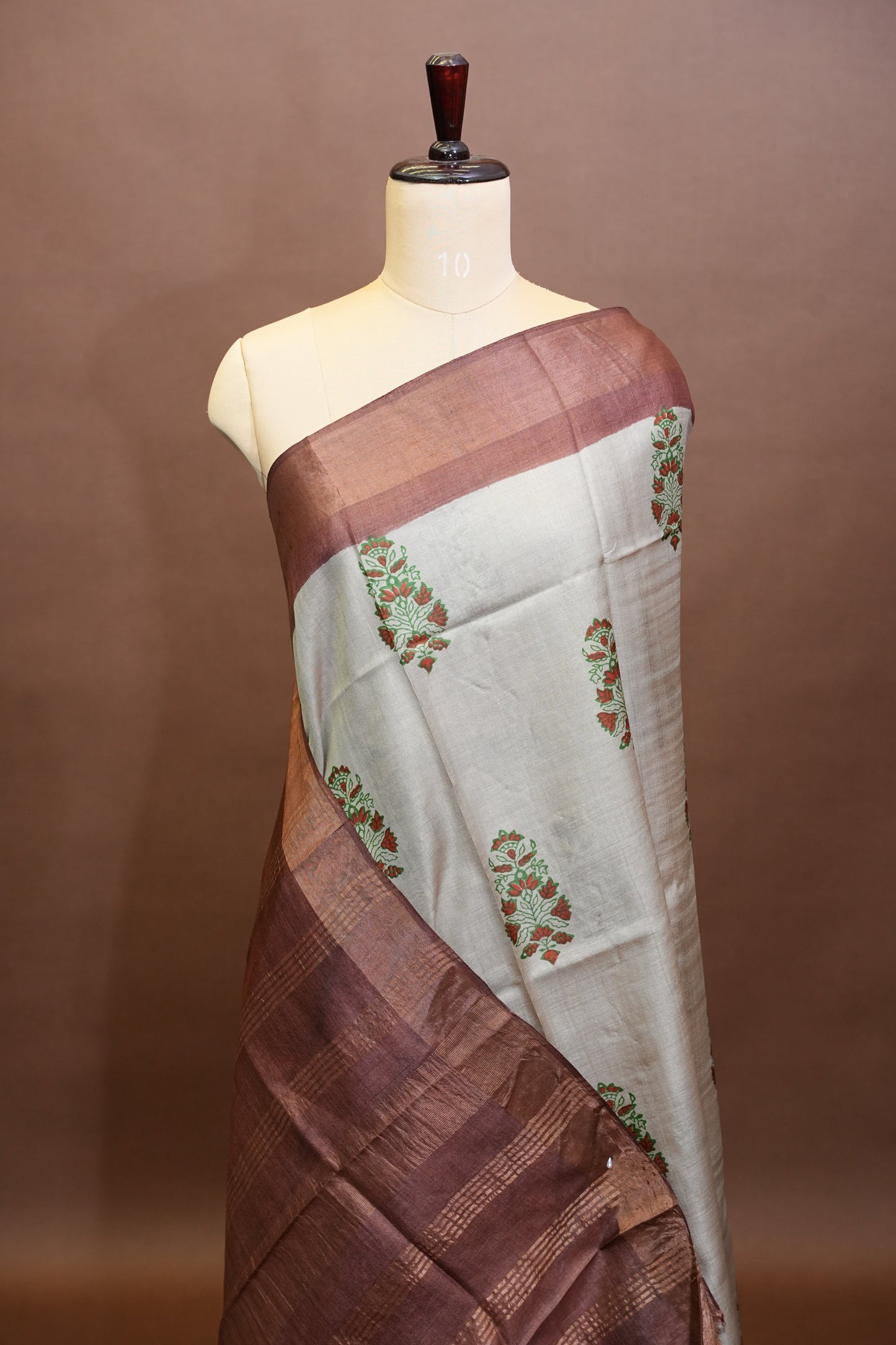 Floral Printed Pure Tussar Silk Saree-Half white|Silk Mark Certificate