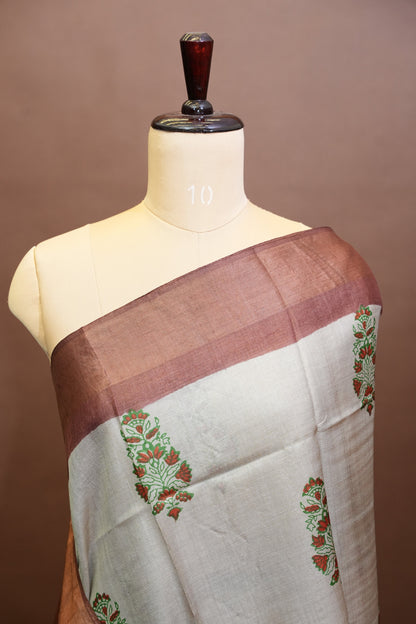 Floral Printed Pure Tussar Silk Saree-Half white|Silk Mark Certificate
