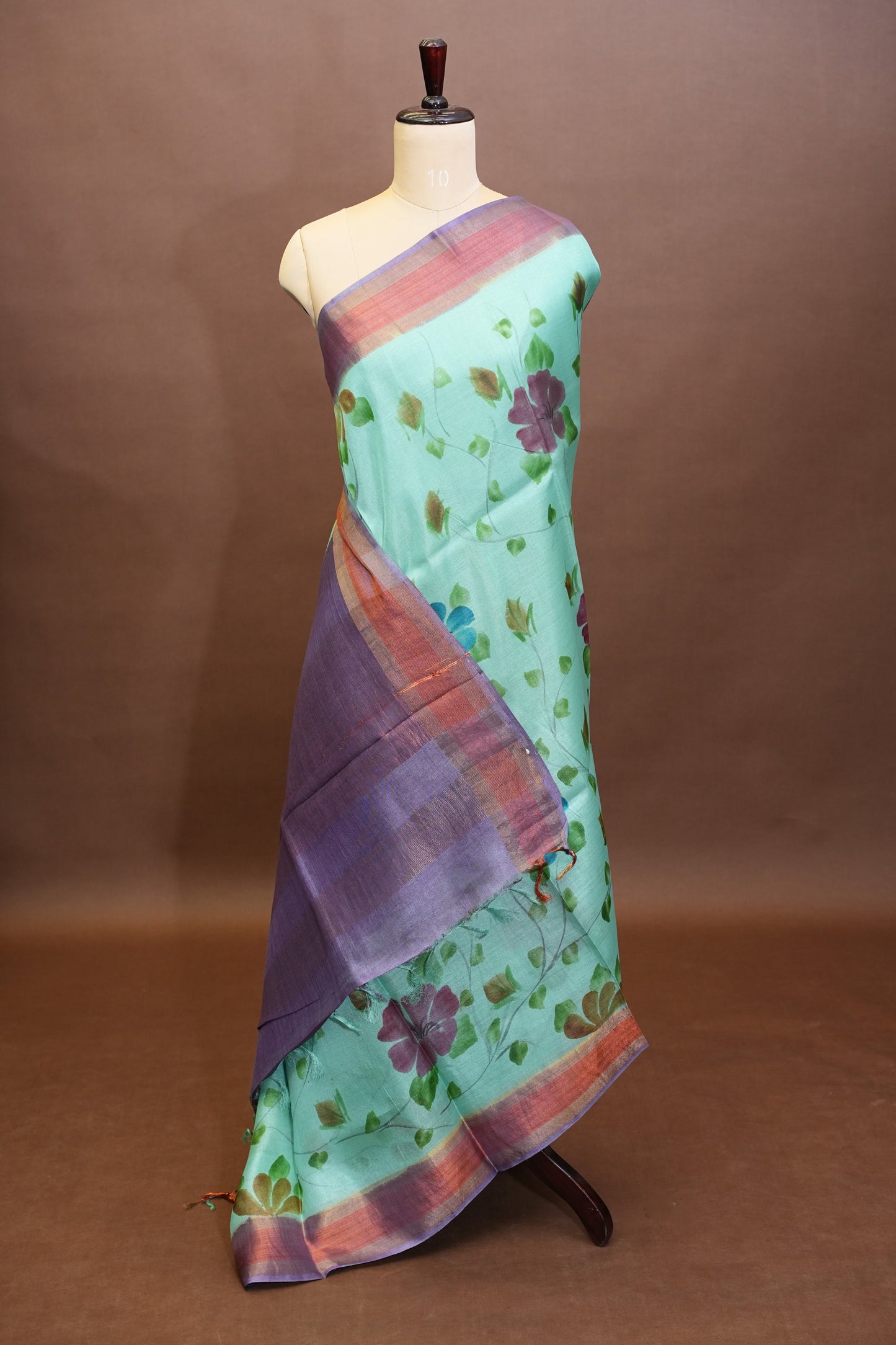 Floral Printed Pure Tussar Silk Saree-Sea Green|Silk Mark Certificate