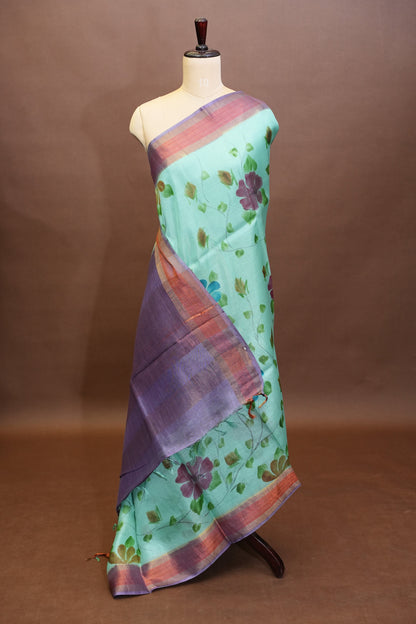 Floral Printed Pure Tussar Silk Saree-Sea Green|Silk Mark Certificate