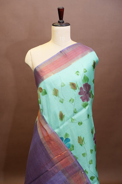 Floral Printed Pure Tussar Silk Saree-Sea Green|Silk Mark Certificate