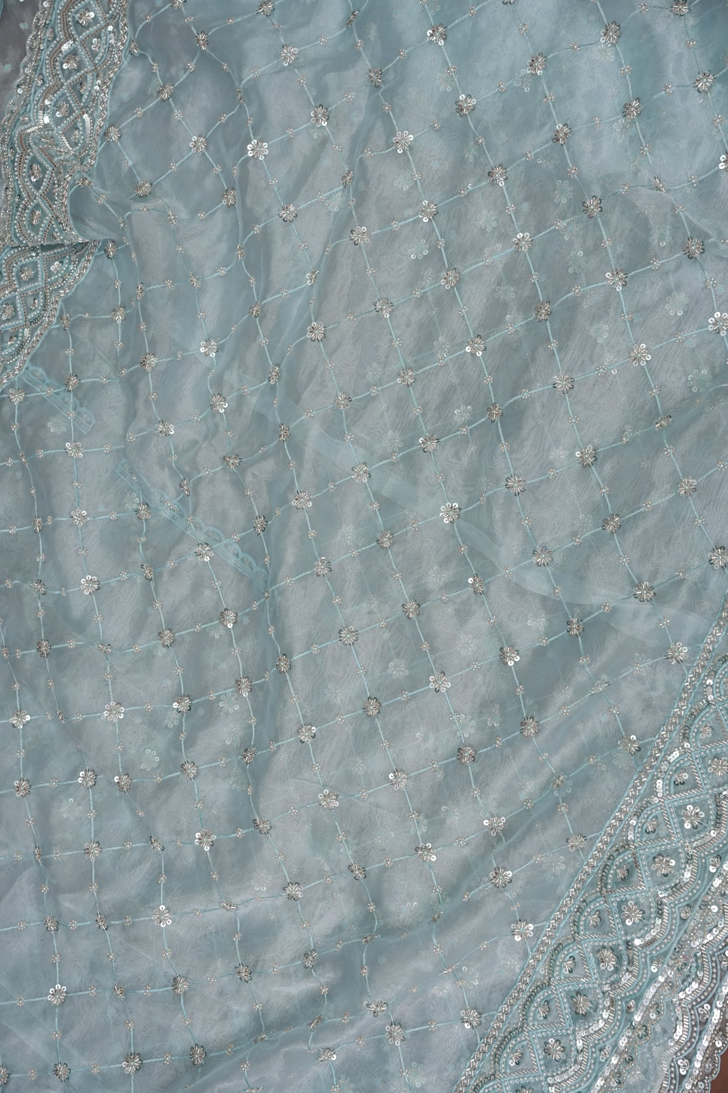 Party Wear Organza Saree with Silver Sequin Lattice - Pastel Blue