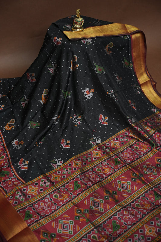 Charcoal Grey Semi Silk Saree with Traditional Ikat-Inspired Motifs & Rich Patola-Style Pallu