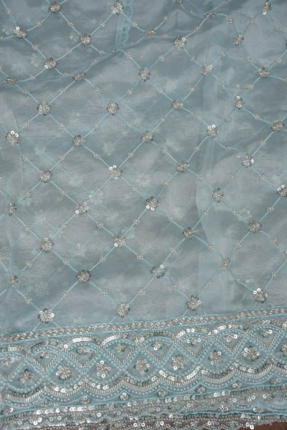 Party Wear Organza Saree with Silver Sequin Lattice - Pastel Blue