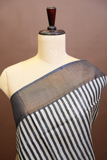 Geometric Patterned Pure Tussar Silk Saree - Monochrome|Silk Mark Certificate