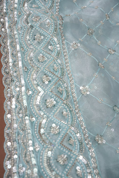 Party Wear Organza Saree with Silver Sequin Lattice - Pastel Blue