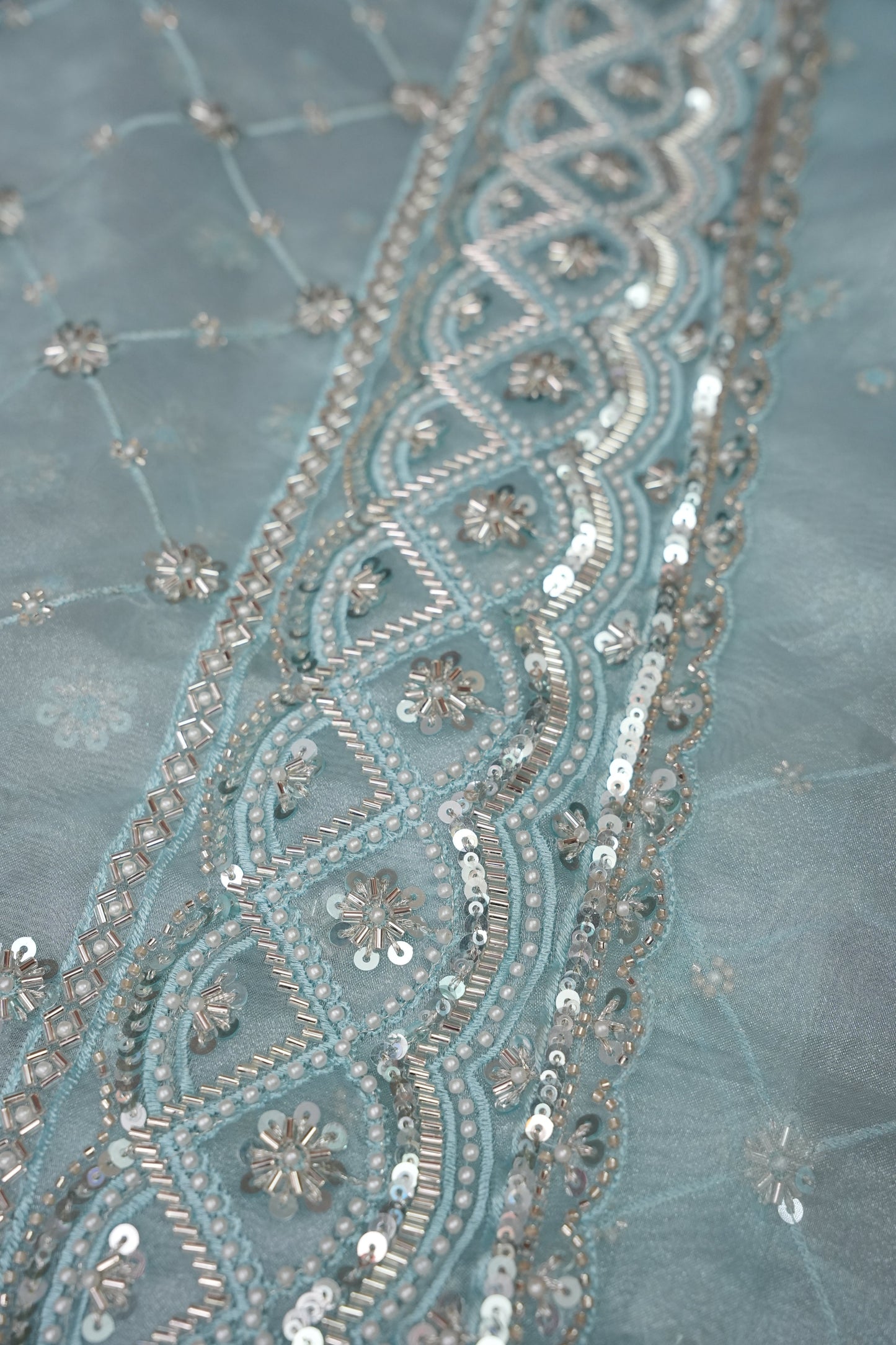 Party Wear Organza Saree with Silver Sequin Lattice - Pastel Blue