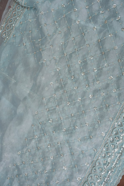 Party Wear Organza Saree with Silver Sequin Lattice - Pastel Blue